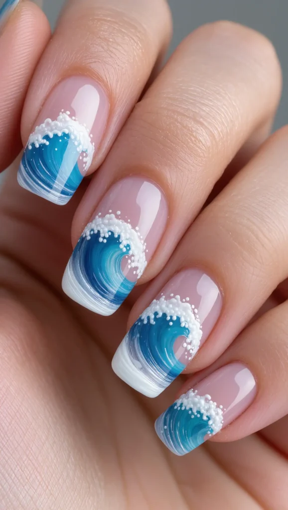 24 Long Summer Nails 2026 That Bring Glamour, Color & Endless Vacation Vibes 3 Ocean Wave Coffin Nails