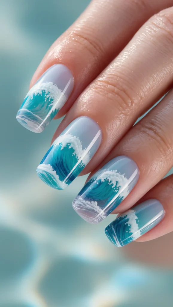 24 Summer Coffin Nail Designs 2026 That Are Bold and Totally Trend-Forward 4 Ocean Wave Nail Art