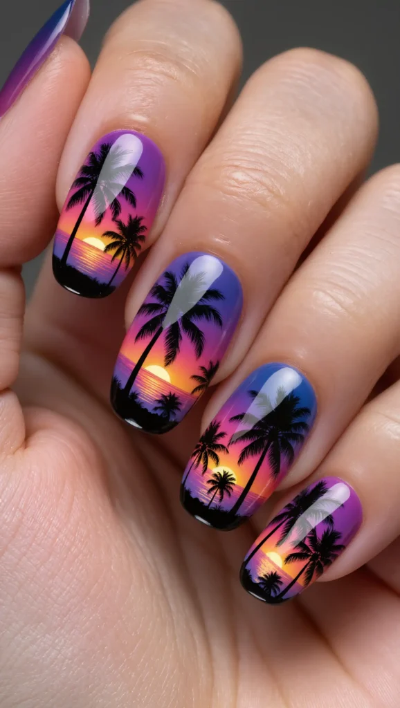24 Tropical Nails Inspo for 2026 That Bring Island Vibes to Your Fingertips 3 Palm Tree Silhouette Nails