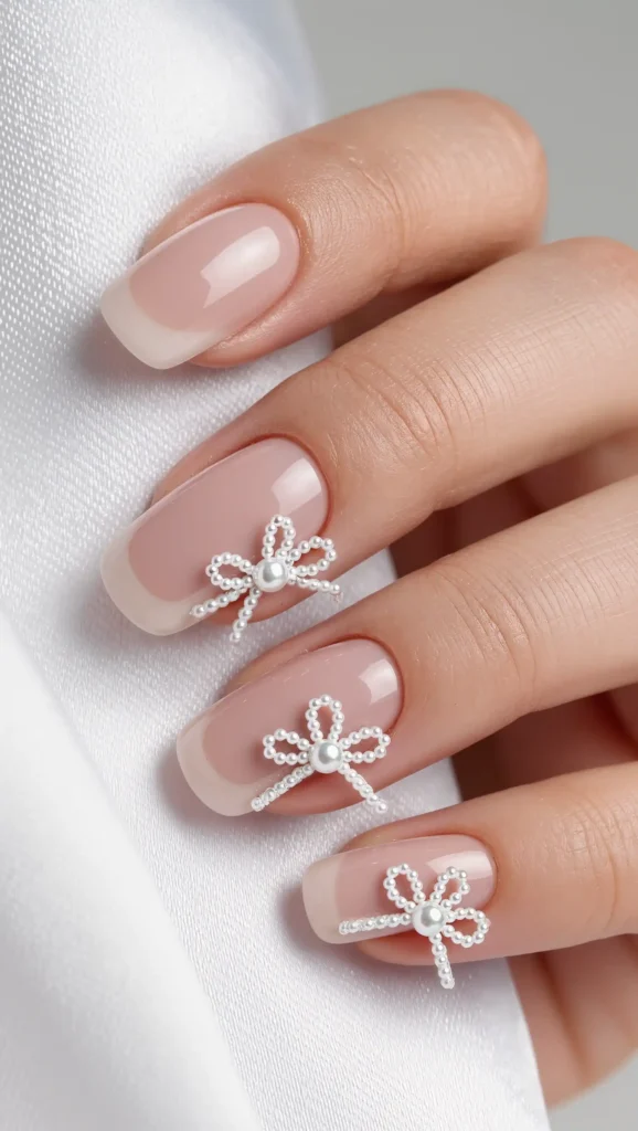 24 Summer Dip Powder Nails Ideas 2026: Manicures That Will Be Everywhere This Season 9 Pearl Ribbon Accents