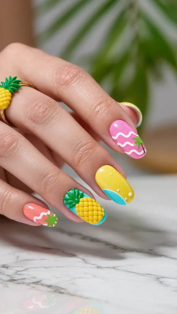 24 Tropical Nails Inspo for 2026 That Bring Island Vibes to Your Fingertips 6 Pineapple Accent Nails