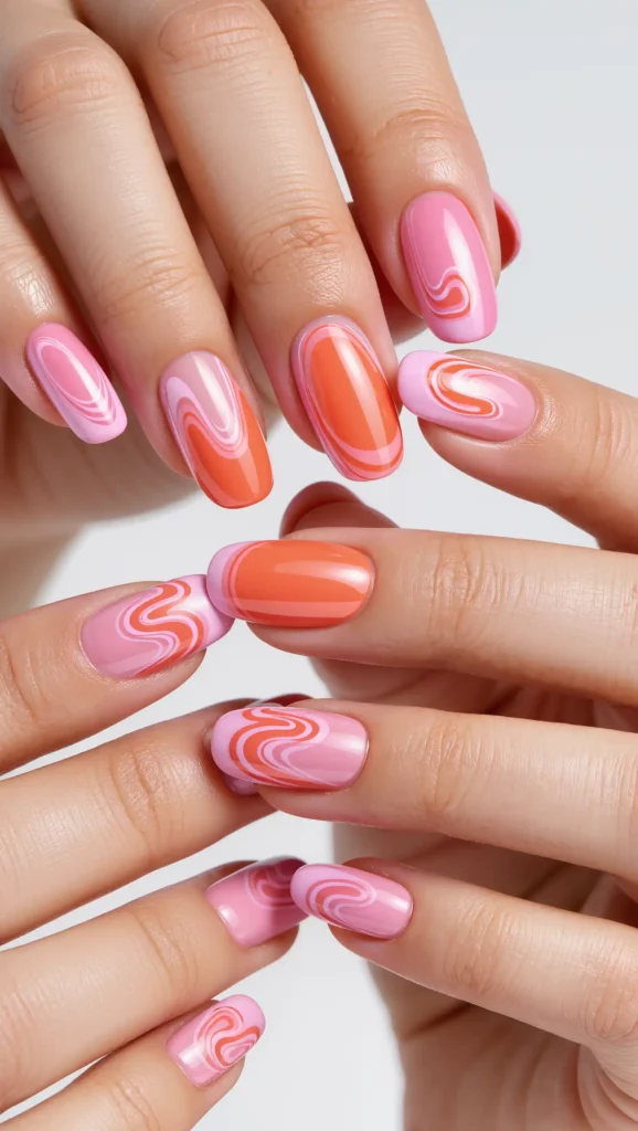 25 Summer Vacation Nail Designs for 2026 That Are Bright, Fun & Made for Getaways 23 Pink and Orange Swirl Nails