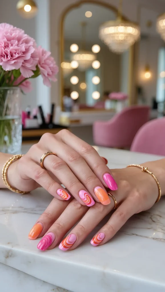 Pink and Orange Swirl Nails
