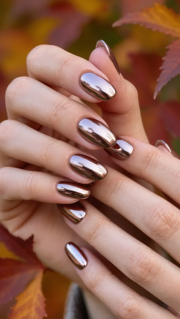 25 Fall Chrome Nail Ideas 2026: Luxe Metallic Manicures That Will Dominate Autumn 13 Rosewood Reflective Nails
