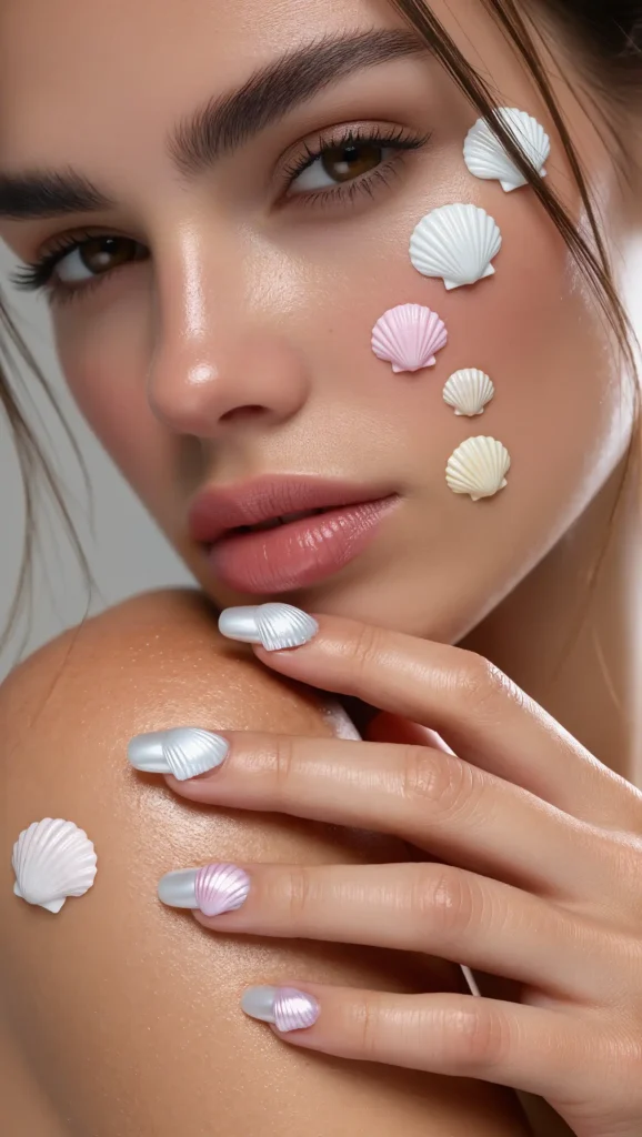 24 Summer Beach Nails Ideas for 2026 That Are Tropical, Trendy & Vacation-Ready 3 Seashell Pearl Nails