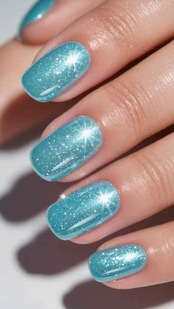Sparkling Aqua Glitter Nails