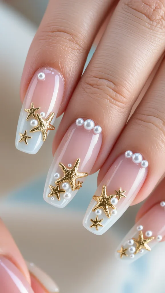 25 Summer Stiletto Nails Inspo 2026: Glamorous Designs That Steal the Spotlight 24 Starfish and Pearl Accents