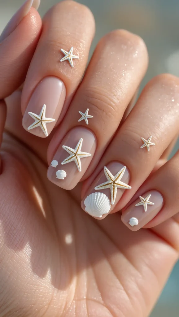 25 Summer Square Nails Ideas 2026 That Are Stylish & Pinterest-Worthy 21 Starfish and Seashell Accents
