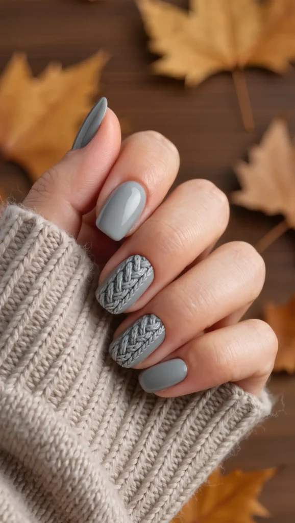24 Fall Sweater Nail Designs 2026: Chic Manicures Inspired by Your Favorite Knits 18 Stone Gray Cable Nails