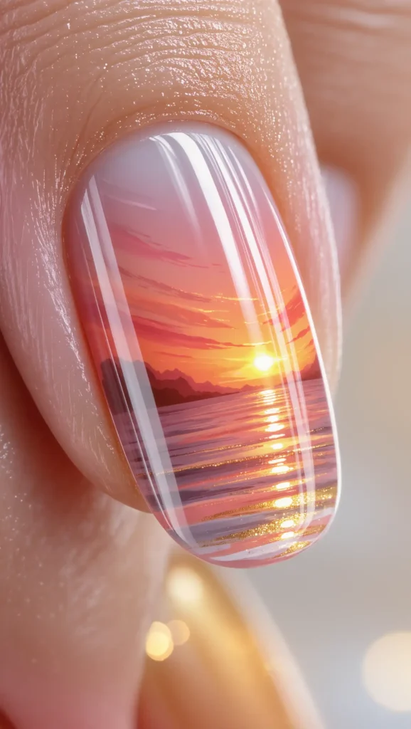 25 Summer Press-On Nail Ideas for 2026: That Instantly Elevate Your Style 7 Sunset Brushstroke Art