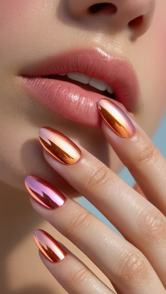 24 Long Summer Nails 2026 That Bring Glamour, Color & Endless Vacation Vibes 25 Sunset Chrome Nails