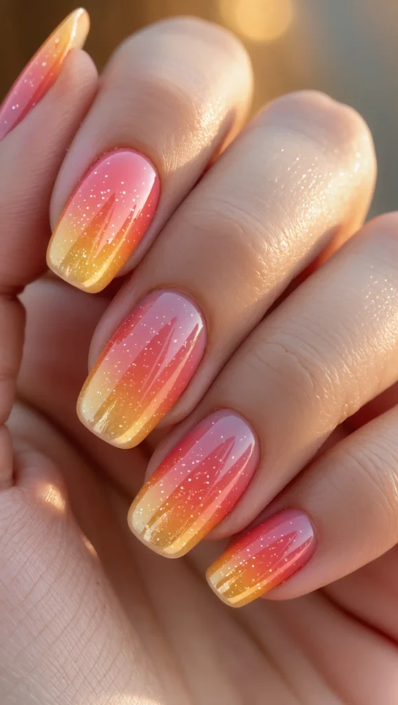 24 Summer Coffin Nail Designs 2026 That Are Bold and Totally Trend-Forward 24 Sunset Glitter Ombre