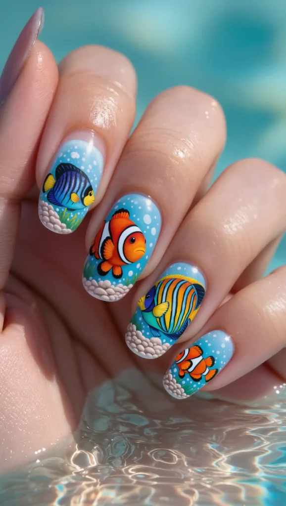 24 Ocean Nail Designs 2026 That Bring Beachy Beauty to Your Fingertips 23 Tropical Fish Nail Art