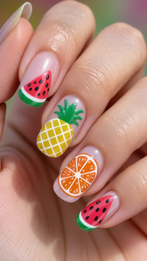 25 Summer Almond Shape Nails 2026 That Are Trendy and Perfect for Sunny Days 18 Tropical Fruit Mix