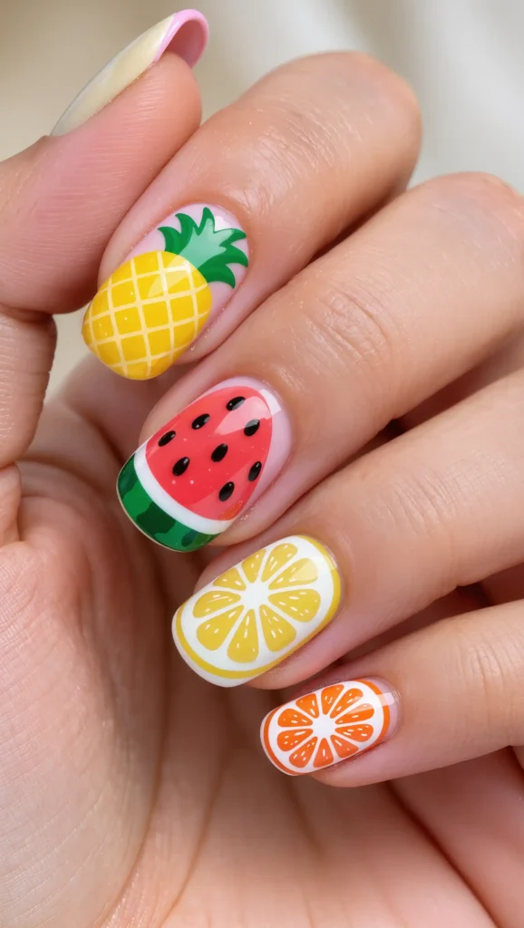 24 Tropical Nails Inspo for 2026 That Bring Island Vibes to Your Fingertips 12 Tropical Fruit Mix Nails