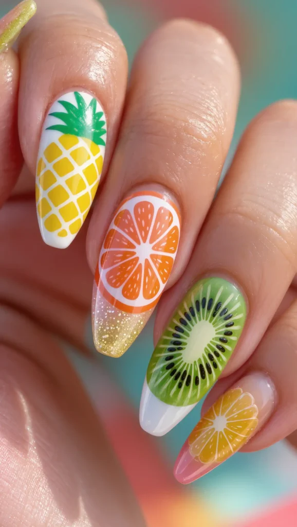 25 Summer Stiletto Nails Inspo 2026: Glamorous Designs That Steal the Spotlight 13 Tropical Fruit Mix