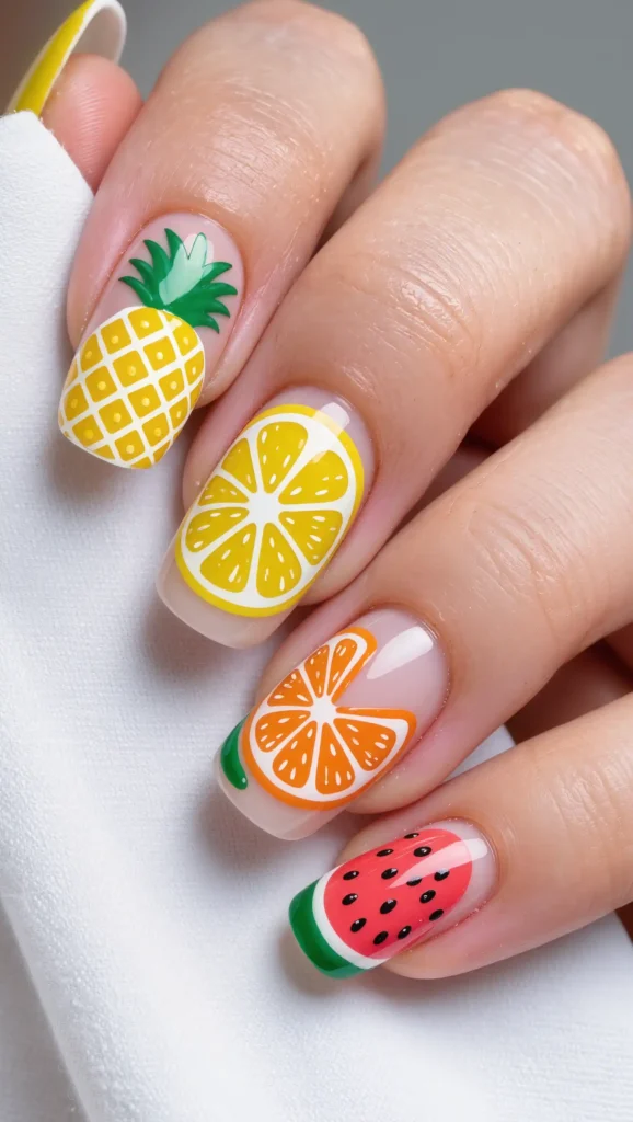 24 Summer Coffin Nail Designs 2026 That Are Bold and Totally Trend-Forward 15 Tropical Fruit Nail Art