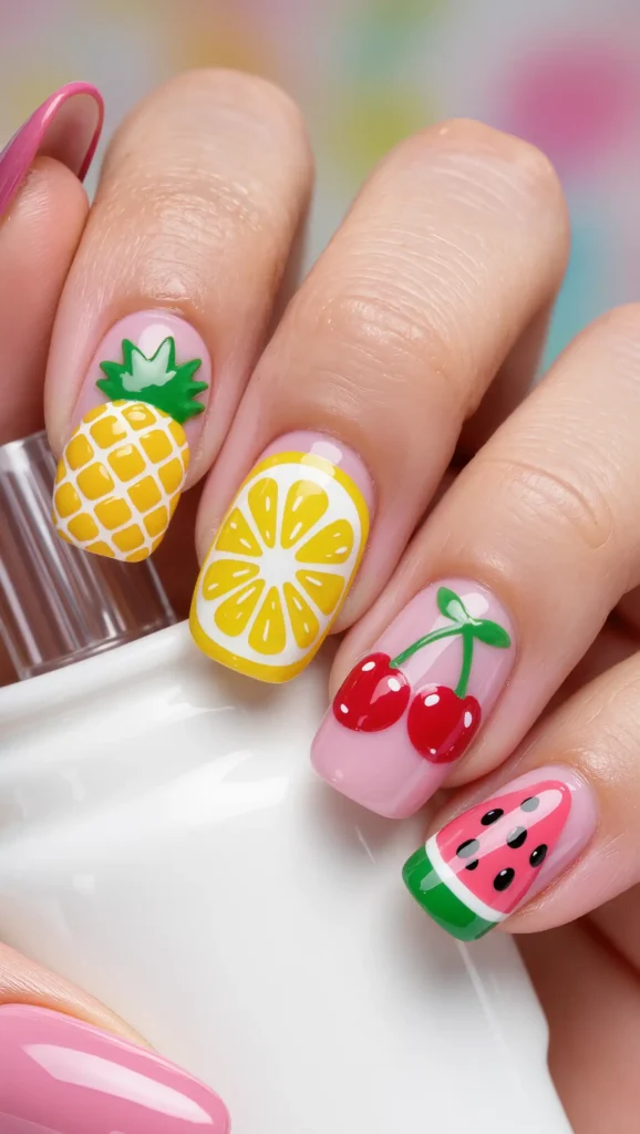24 Long Summer Nails 2026 That Bring Glamour, Color & Endless Vacation Vibes 18 Tropical Fruit Nail Art