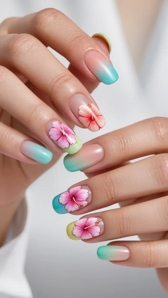 25 Summer Vacation Nail Designs for 2026 That Are Bright, Fun & Made for Getaways 9 Tropical Hibiscus Nails