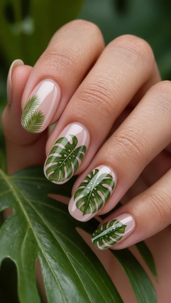 24 Tropical Nails Inspo for 2026 That Bring Island Vibes to Your Fingertips 7 Tropical Leaf Nail Art
