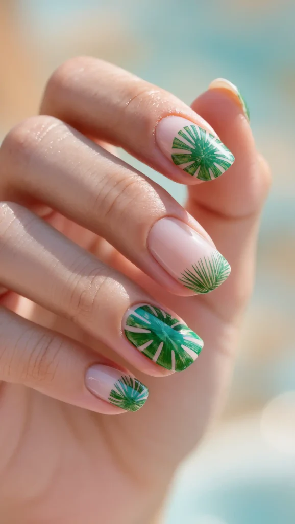 25 Summer Square Nails Ideas 2026 That Are Stylish & Pinterest-Worthy 3 Tropical Palm Leaf Design