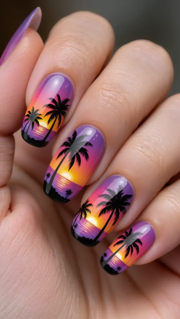 24 Long Summer Nails 2026 That Bring Glamour, Color & Endless Vacation Vibes 8 Tropical Palm Tree Nail Art