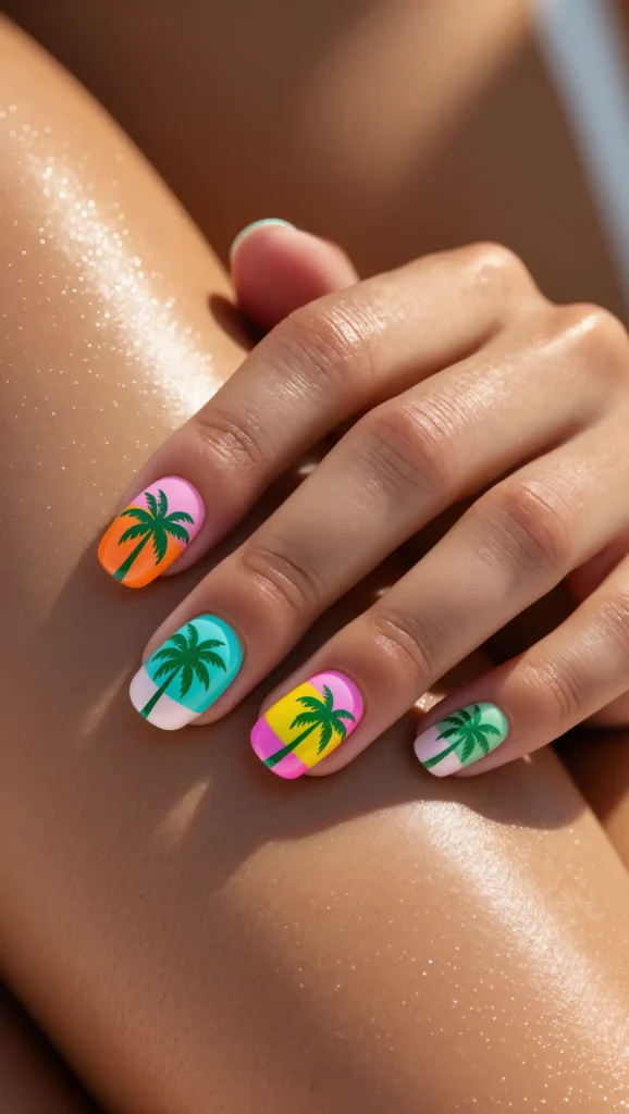24 Summer Beach Nails Ideas for 2026 That Are Tropical, Trendy & Vacation-Ready 4 Tropical Palm Tree Nails