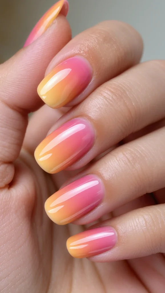 25 Summer Almond Shape Nails 2026 That Are Trendy and Perfect for Sunny Days 3 Tropical Sunset Ombre