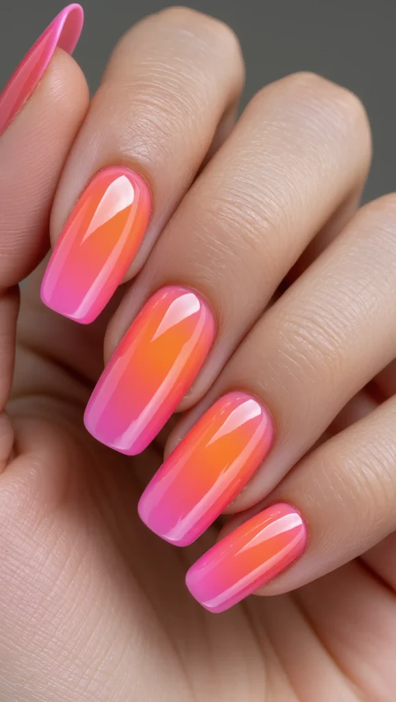 24 Summer Coffin Nail Designs 2026 That Are Bold and Totally Trend-Forward 2 Tropical Sunset Ombre Coffin Nails