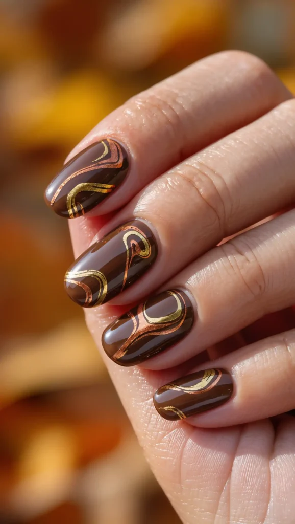 25 Fall Chrome Nail Ideas 2026: Luxe Metallic Manicures That Will Dominate Autumn 9 Walnut Metallic Swirls
