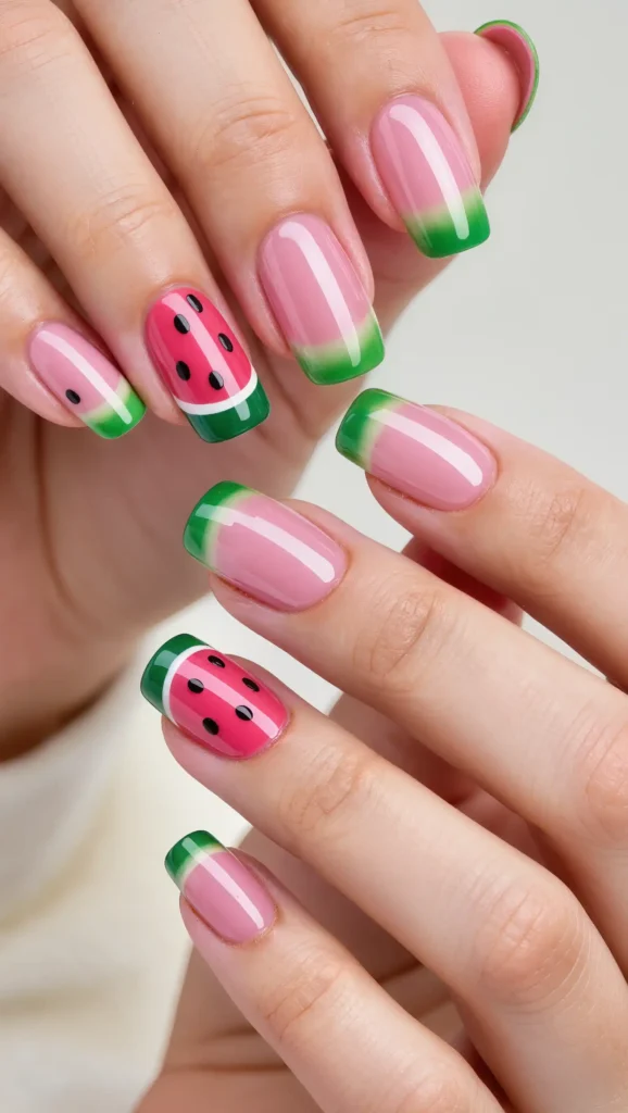 24 Summer Coffin Nail Designs 2026 That Are Bold and Totally Trend-Forward 8 Watermelon-Inspired Design