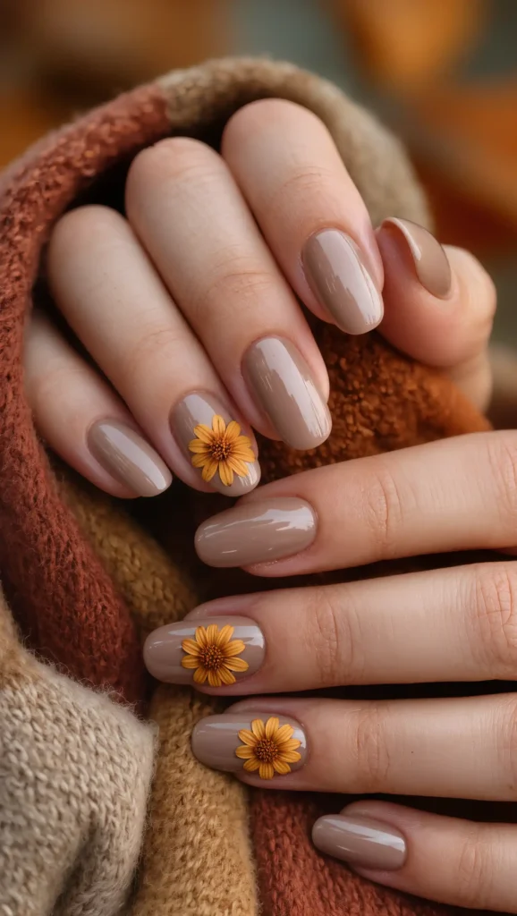 24 Fall Flower Nail Art Ideas 2026: Elegant Floral Manicures Inspired by Autumn Blooms 16 Amber Daisy Accents