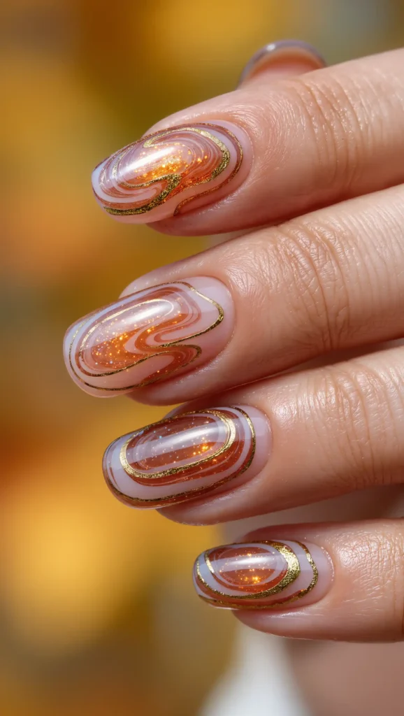 25 Fall Swirl Nail Ideas 2026: Artistic Manicures with a Cozy Autumn Twist 22 Amber Glow Spirals