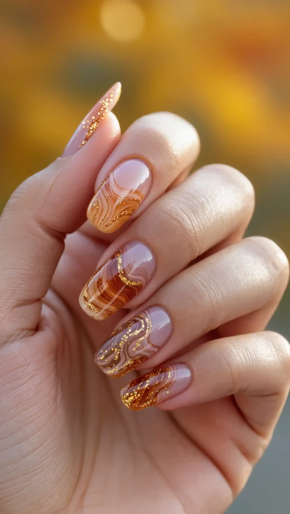24 Fall Marble Nail Art Ideas 2026: Elegant Stone-Inspired Manicures You'll Love 7 Amber Honey Stone