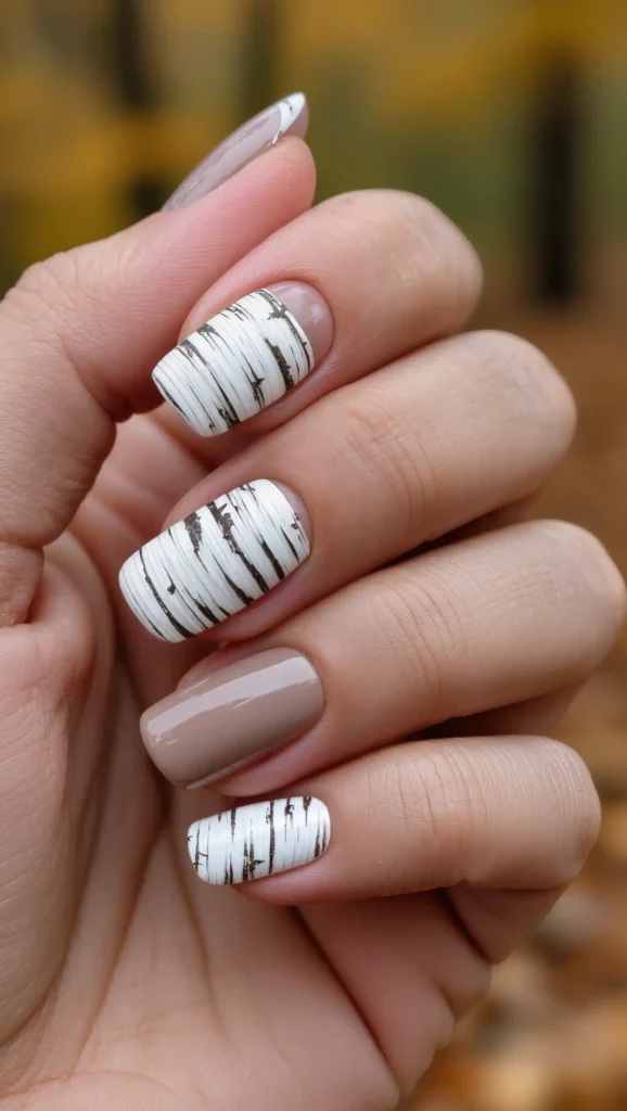 25 Fall Vacation Nail Ideas 2026: Stylish Manicures for Every Autumn Getaway 18 Birch Bark Texture