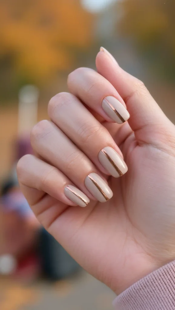 25 Fall Vacation Nail Ideas 2026: Stylish Manicures for Every Autumn Getaway 13 Bronze Suitcase Stripes