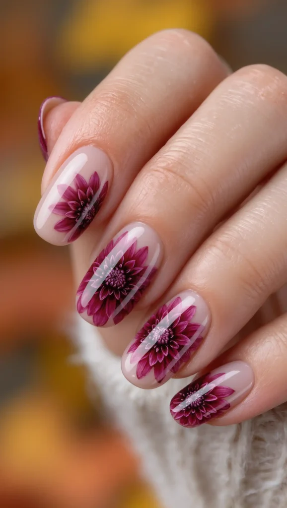 24 Fall Flower Nail Art Ideas 2026: Elegant Floral Manicures Inspired by Autumn Blooms 2 Burgundy Dahlia Blooms