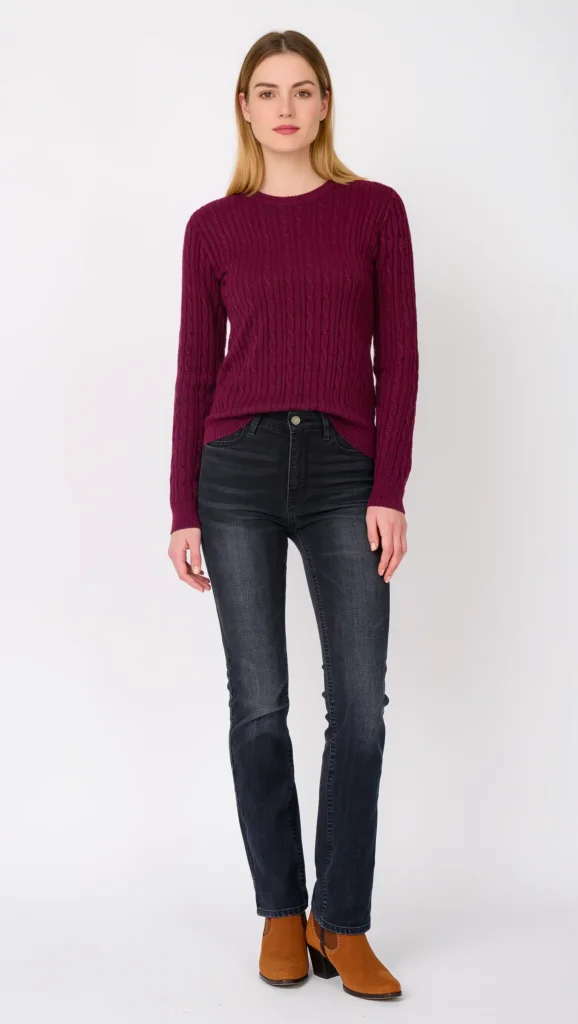 24 Cozy Fall Outfit Ideas 2026: Effortlessly Chic Looks to Wear All Season 15 Burgundy Sweater & Dark Wash Denim