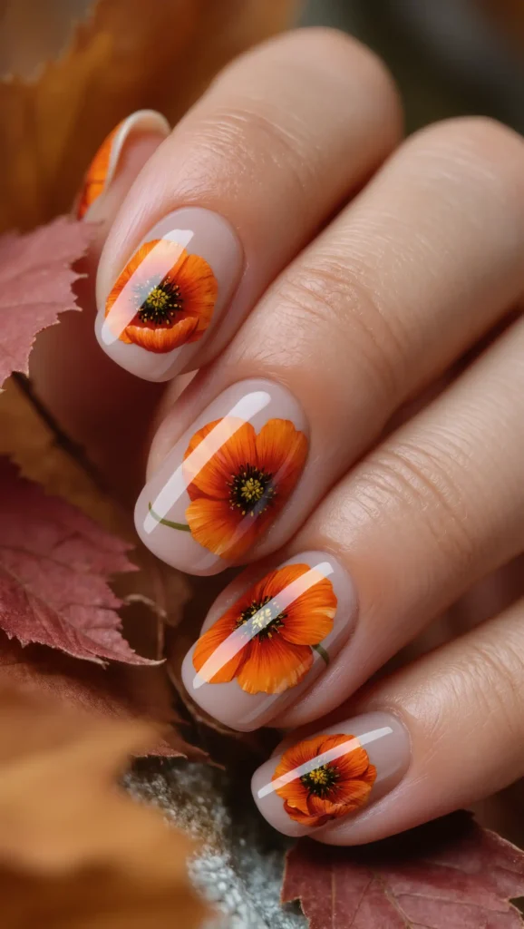 24 Fall Flower Nail Art Ideas 2026: Elegant Floral Manicures Inspired by Autumn Blooms 20 Burnt Orange Poppy Nails
