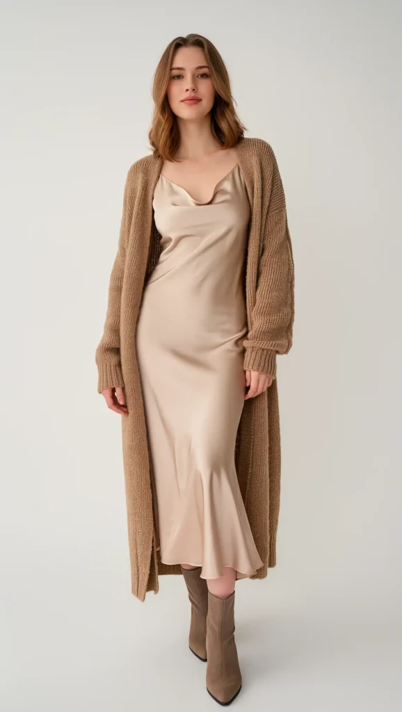 24 Cozy Fall Outfit Ideas 2026: Effortlessly Chic Looks to Wear All Season 4 Camel Cardigan & Satin Slip Skirt