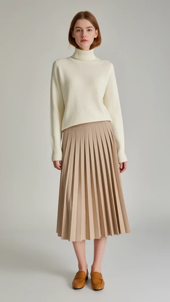 24 Cozy Fall Outfit Ideas 2026: Effortlessly Chic Looks to Wear All Season 17 Cashmere Turtleneck & Pleated Midi Skirt