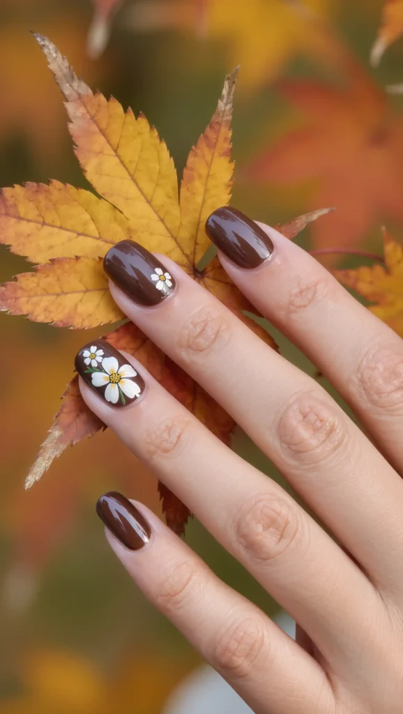 24 Fall Flower Nail Art Ideas 2026: Elegant Floral Manicures Inspired by Autumn Blooms 12 Chocolate Cosmos Nails