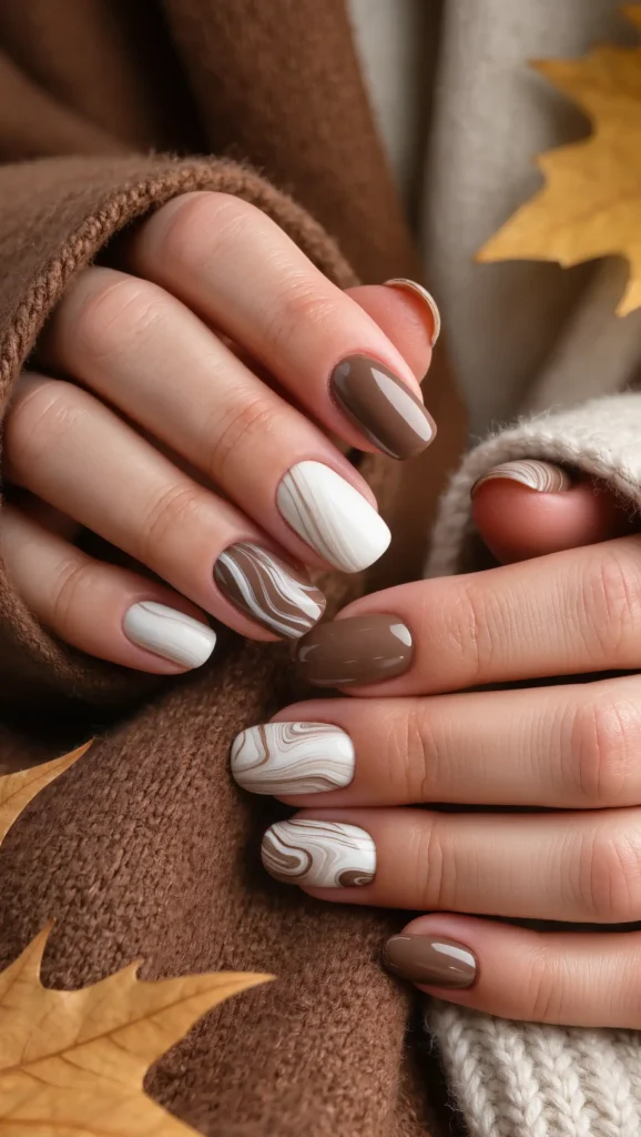 25 Fall Swirl Nail Ideas 2026: Artistic Manicures with a Cozy Autumn Twist 10 Chocolate Marble Swirls