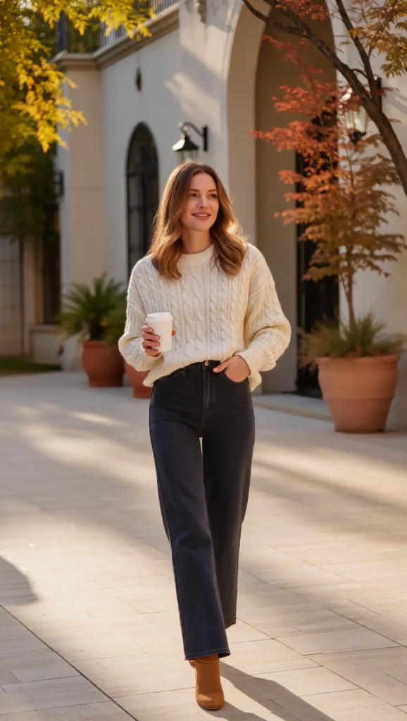 Chunky Cream Sweater & Straight-Leg Jeans