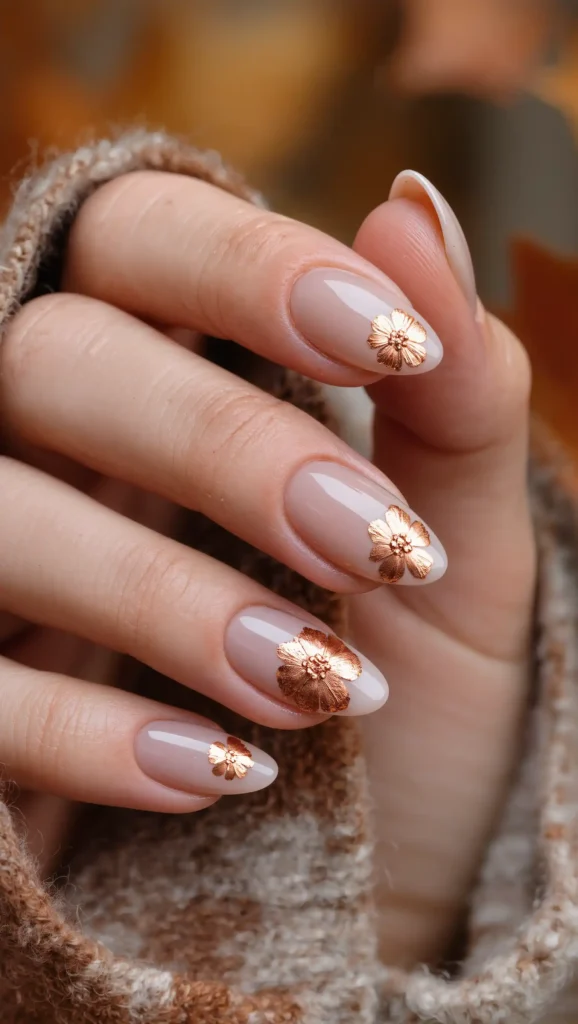 24 Fall Flower Nail Art Ideas 2026: Elegant Floral Manicures Inspired by Autumn Blooms 10 Copper Floral Foil