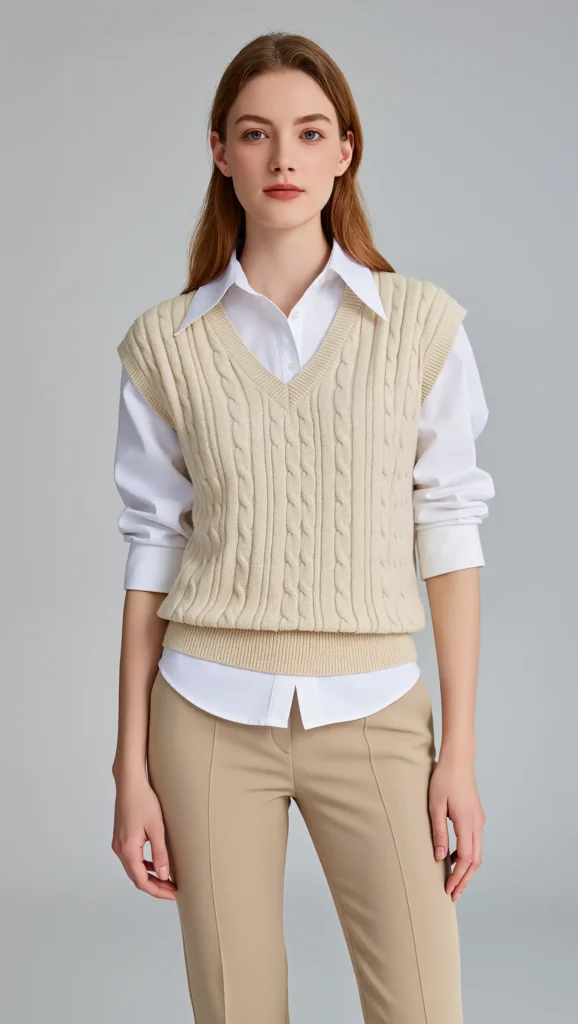 24 Cozy Fall Outfit Ideas 2026: Effortlessly Chic Looks to Wear All Season 9 Cream Sweater Vest & Button-Up Shirt