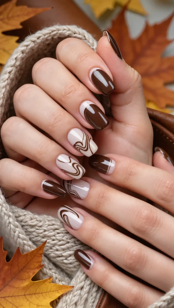 25 Fall Swirl Nail Ideas 2026: Artistic Manicures with a Cozy Autumn Twist 4 Espresso Cream Ribbons