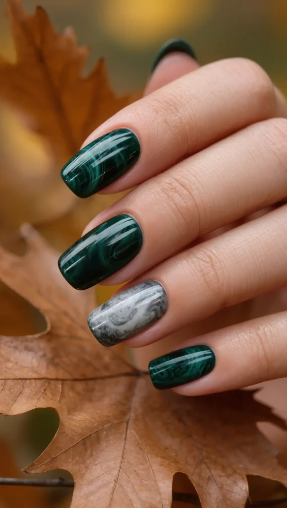 25 Fall Swirl Nail Ideas 2026: Artistic Manicures with a Cozy Autumn Twist 21 Evergreen Mist Lines