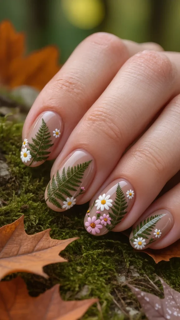 24 Fall Flower Nail Art Ideas 2026: Elegant Floral Manicures Inspired by Autumn Blooms 11 Forest Fern & Bloom Mix