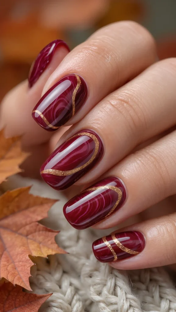 25 Fall Swirl Nail Ideas 2026: Artistic Manicures with a Cozy Autumn Twist 16 Garnet Flame Swirls